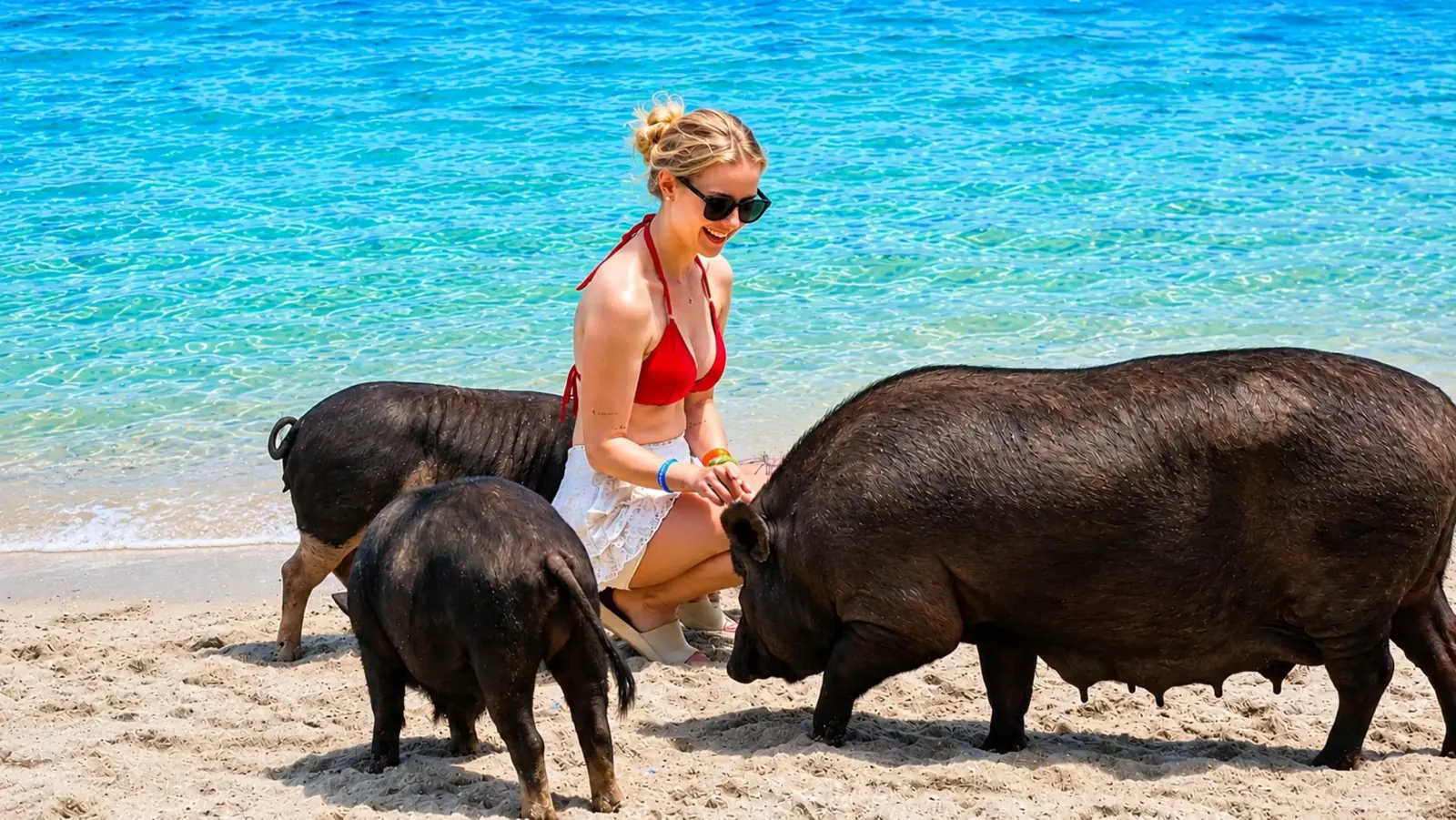 A visitor sitting on the sand with three pigs at the waterline