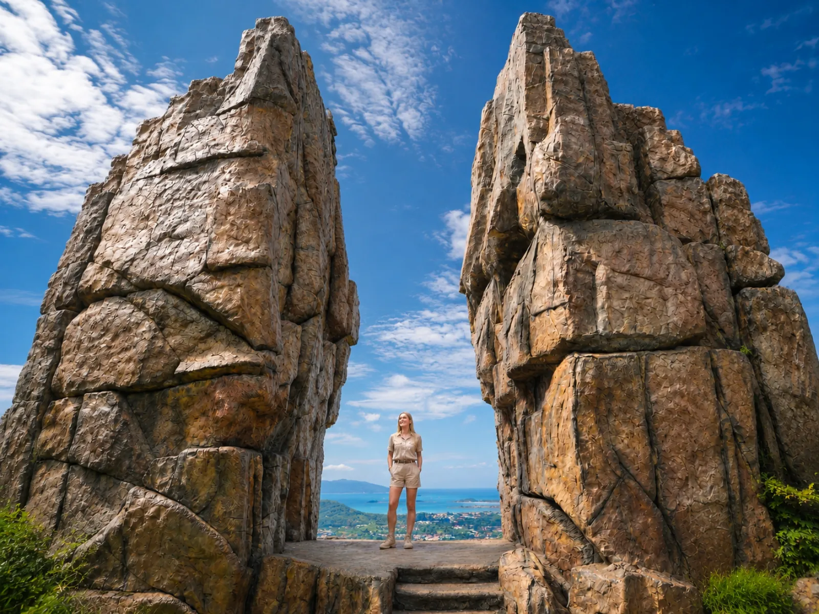 A visitor standing between tall rock formations at a coastal viewpoint