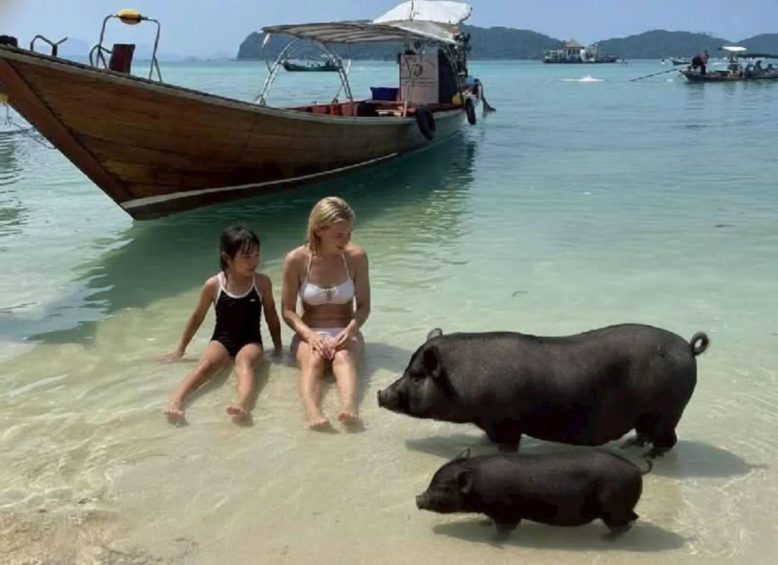 Two children sitting in the shallows beside a longtail as a pig walks past