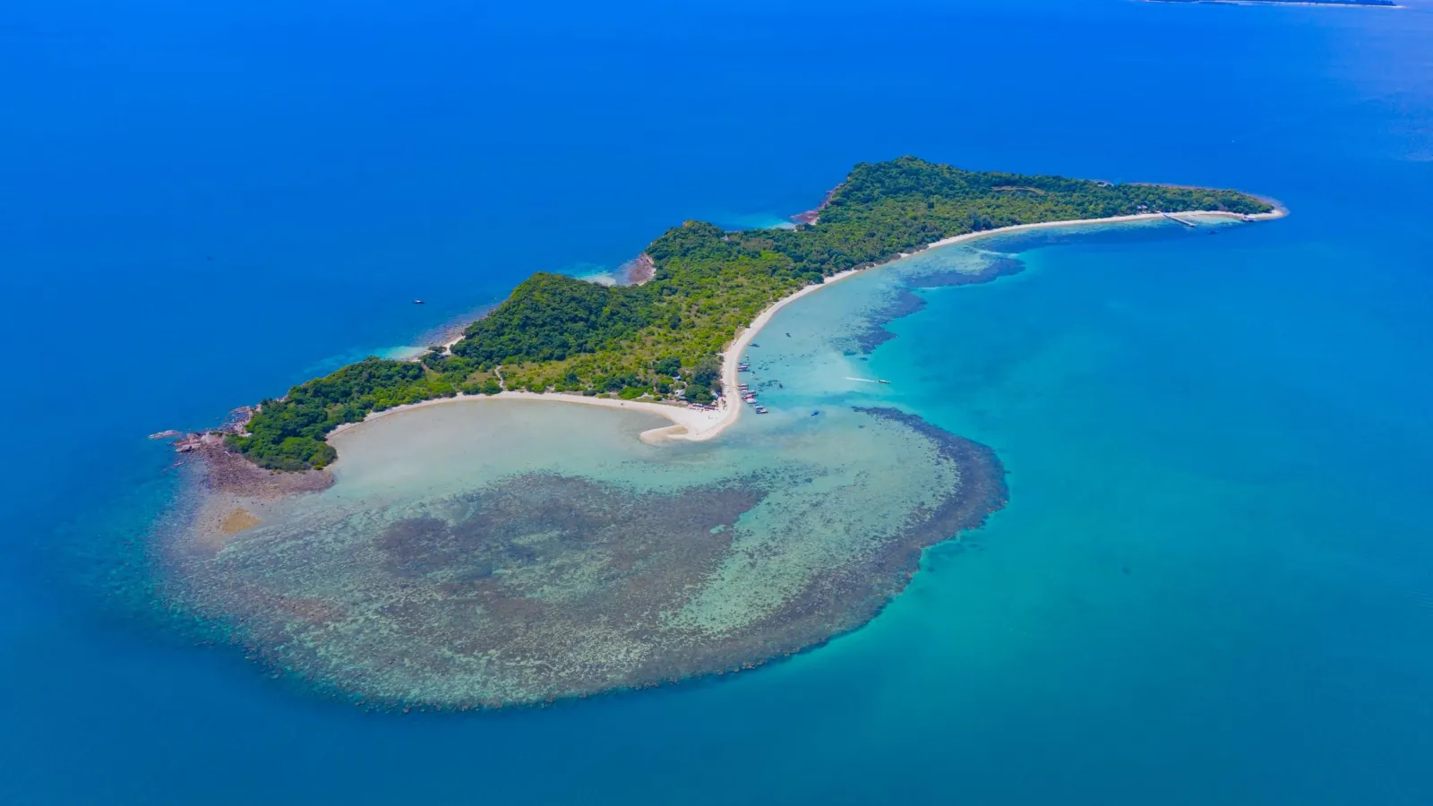 Aerial view of the wooded island and its curving sandbar