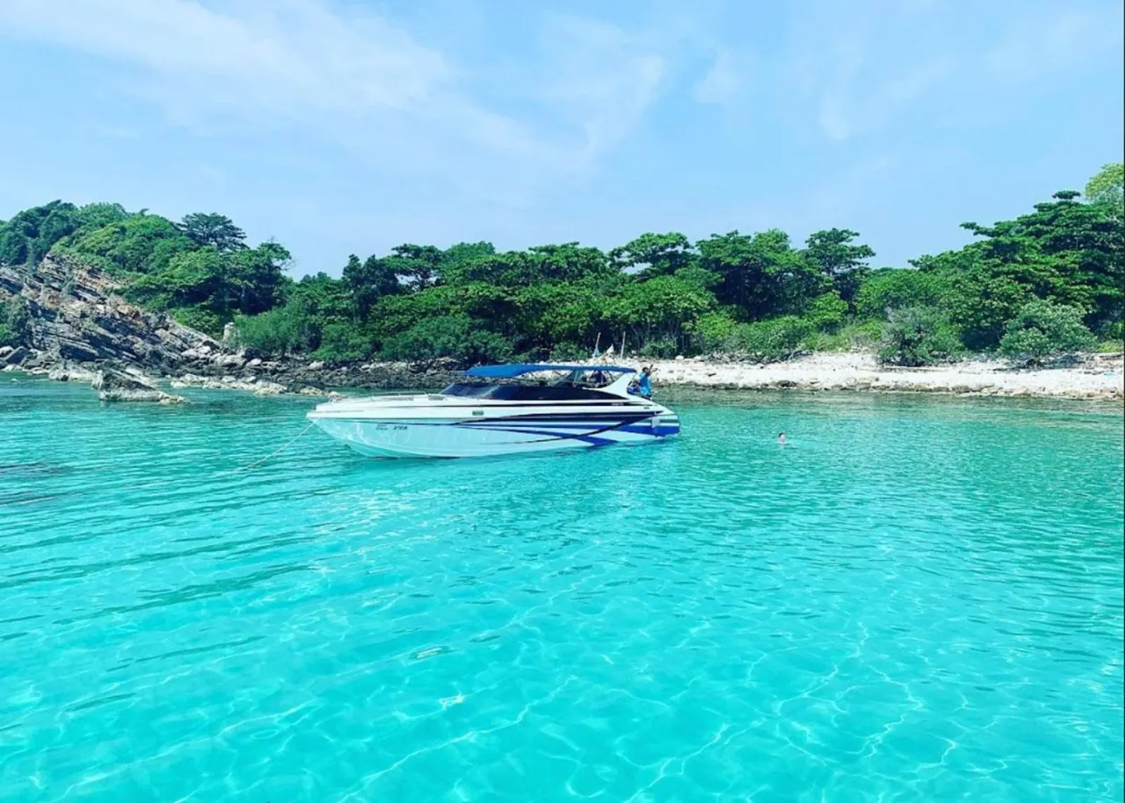 A speedboat anchored in bright turquoise shallows below a wooded islet