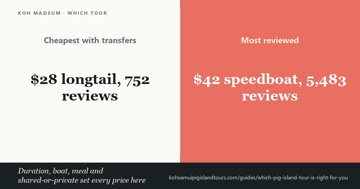 Pig Island tour formats compared by price, duration and boat type, from a $28 longtail to a $101 private charter